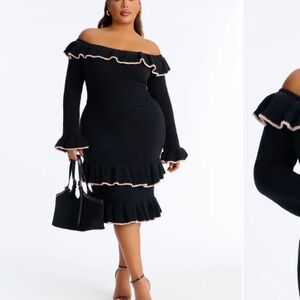 Fashion Nova Black and Pink Off-Shoulder Midi Dress